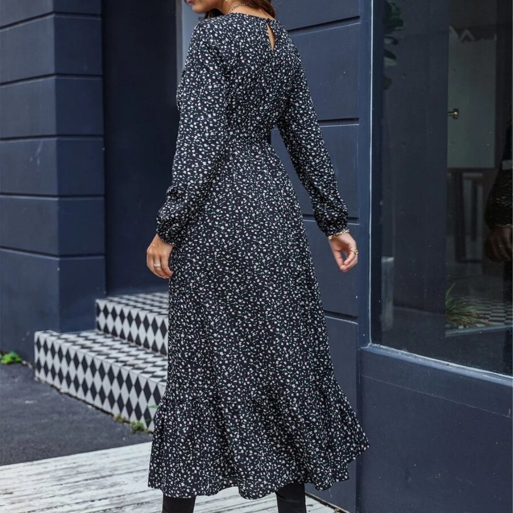 Dainty Floral Bishop Ruffle Hem Dress - Picture 4 of 9